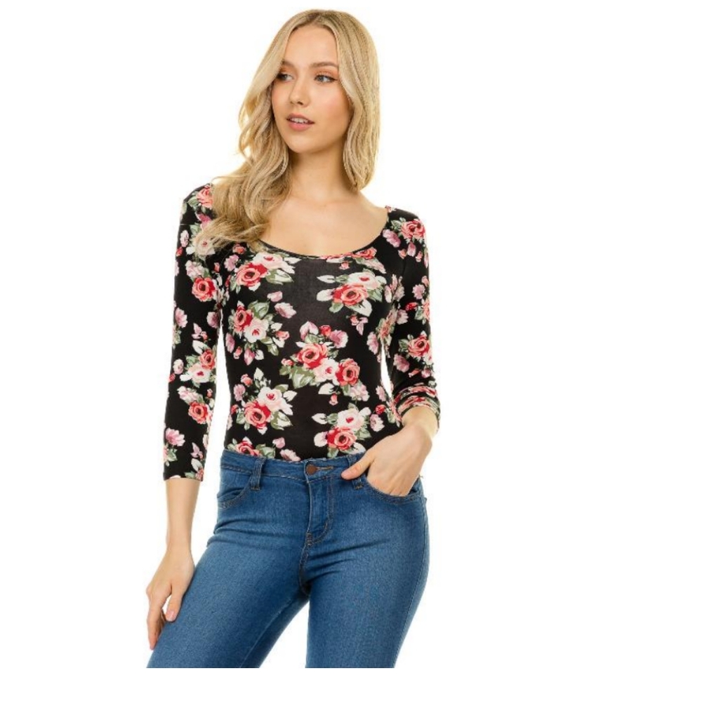 Heart Hips womens floral print top black bodysuit